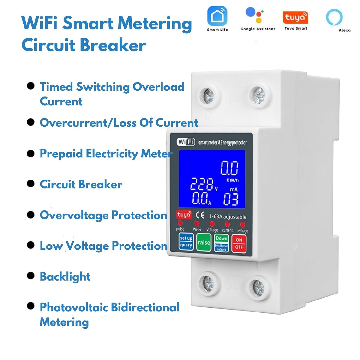 Product size diagram and table of specifications for the Jadeshay WiFi Smart Energy Meter.