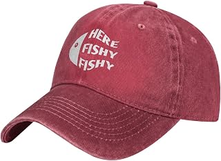 QVXHKP Funny Fishing Hat Here Fishy Fishy Fishy Hat Women Dad Hats Graphic Hat Red