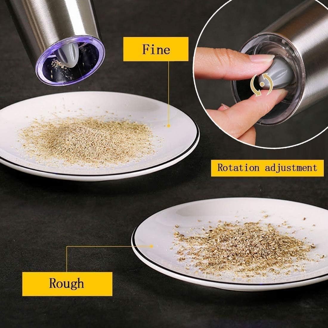Electric Salt and Pepper Grinder Set - Automatic Adjustable Shakers - Battery Operated Kitchen Peppermills Blue Light