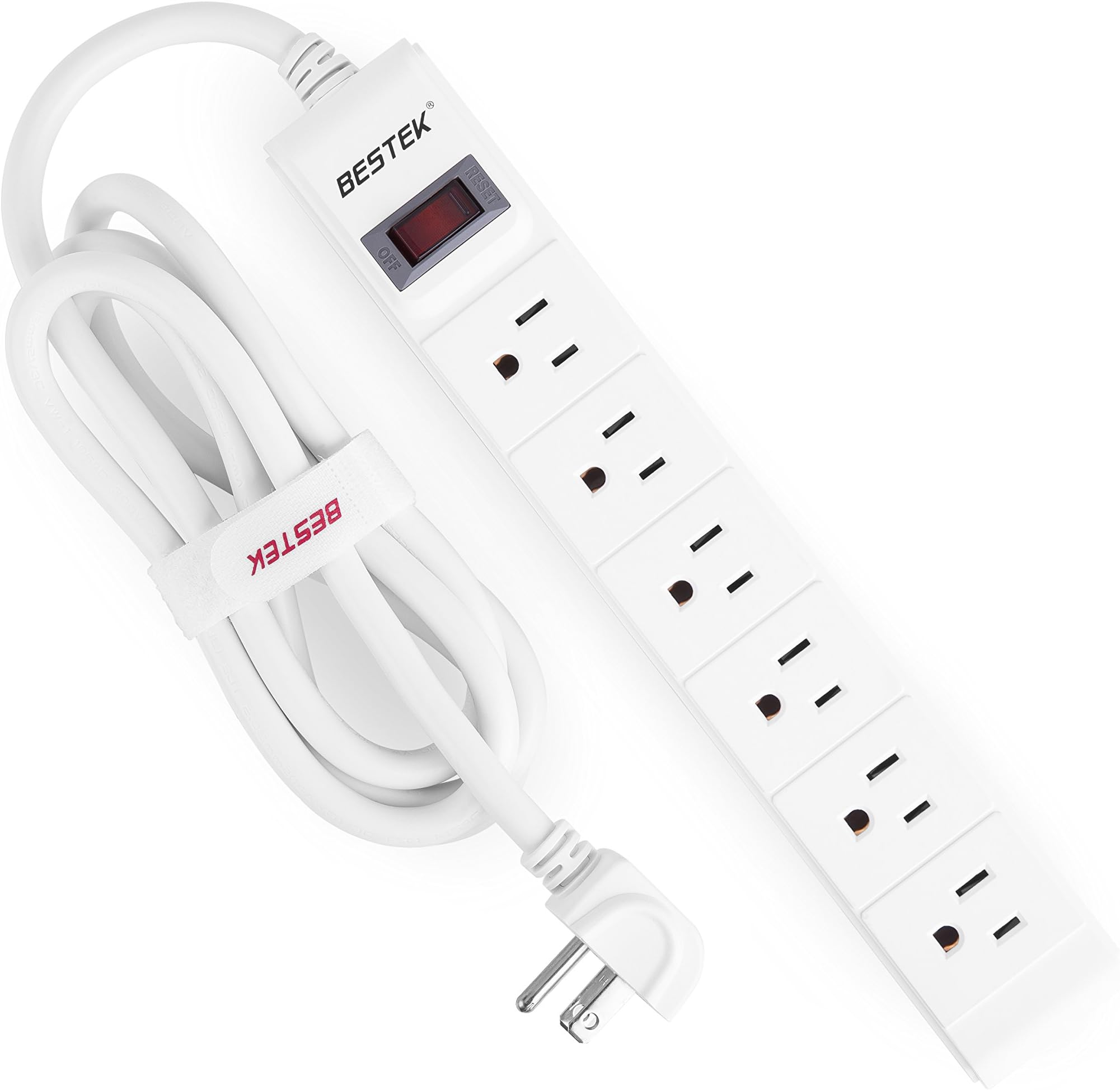 BESTEK 6-Outlet 6 Feet Extension Cord Power Strip 15A 1875W Surge Protector Desktop Charging Station, 200Joules, Right Angle Flat Plug, Ultra-Compact Wide Spaced Multi Outlets Plugs Sockets, White