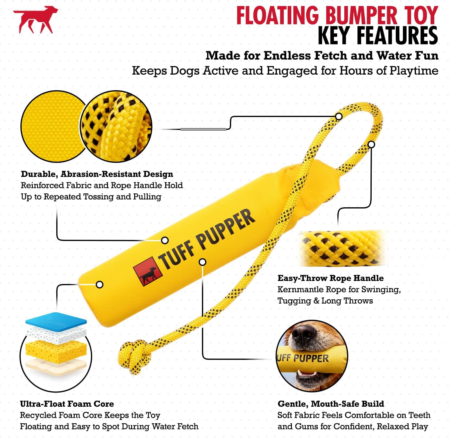 Tuff Pupper Floating Dog Bumper Toy | Fetch Only Not a Chew Toy | Soft Foam Retrieve Trainer | High-Visibility Water & Snow Play | Gentle on Teeth | Lightweight Durable Outdoor Training Dummy