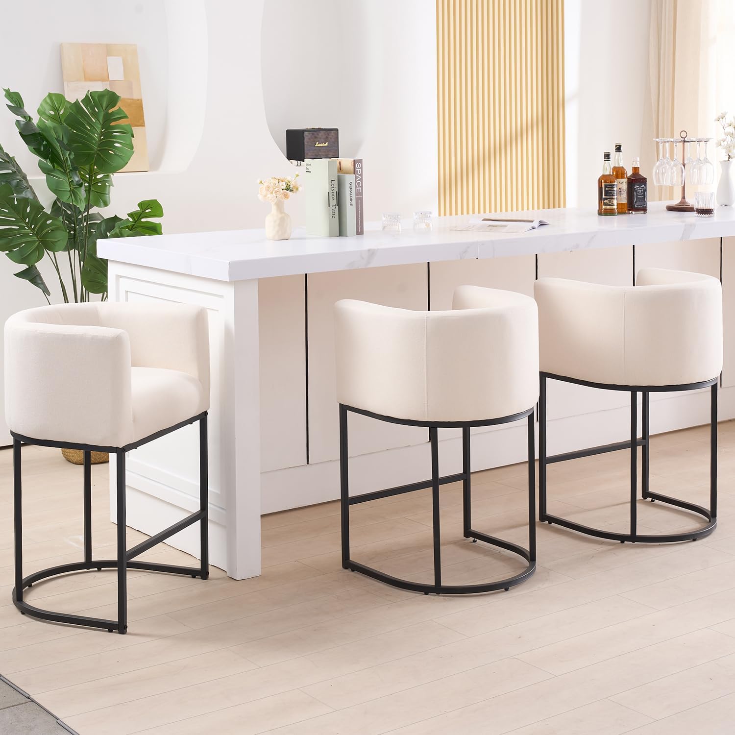 ClinQ 26" H Counter Height Bar Stools Set of 4, Modern Barrel Counter Stools with Backrest and Arms, Black Metal Frames,Fabric Upholstered Accent Barstools for Kitchen Island,Linen Color 4 Linen Color