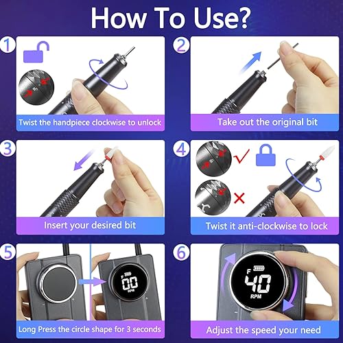 Miniatura 4 de Yokefellow - Taladro de uñas, 40,000 RPM recargable y de escritorio portátil para grabado de vidrio, herramientas de pluma gris