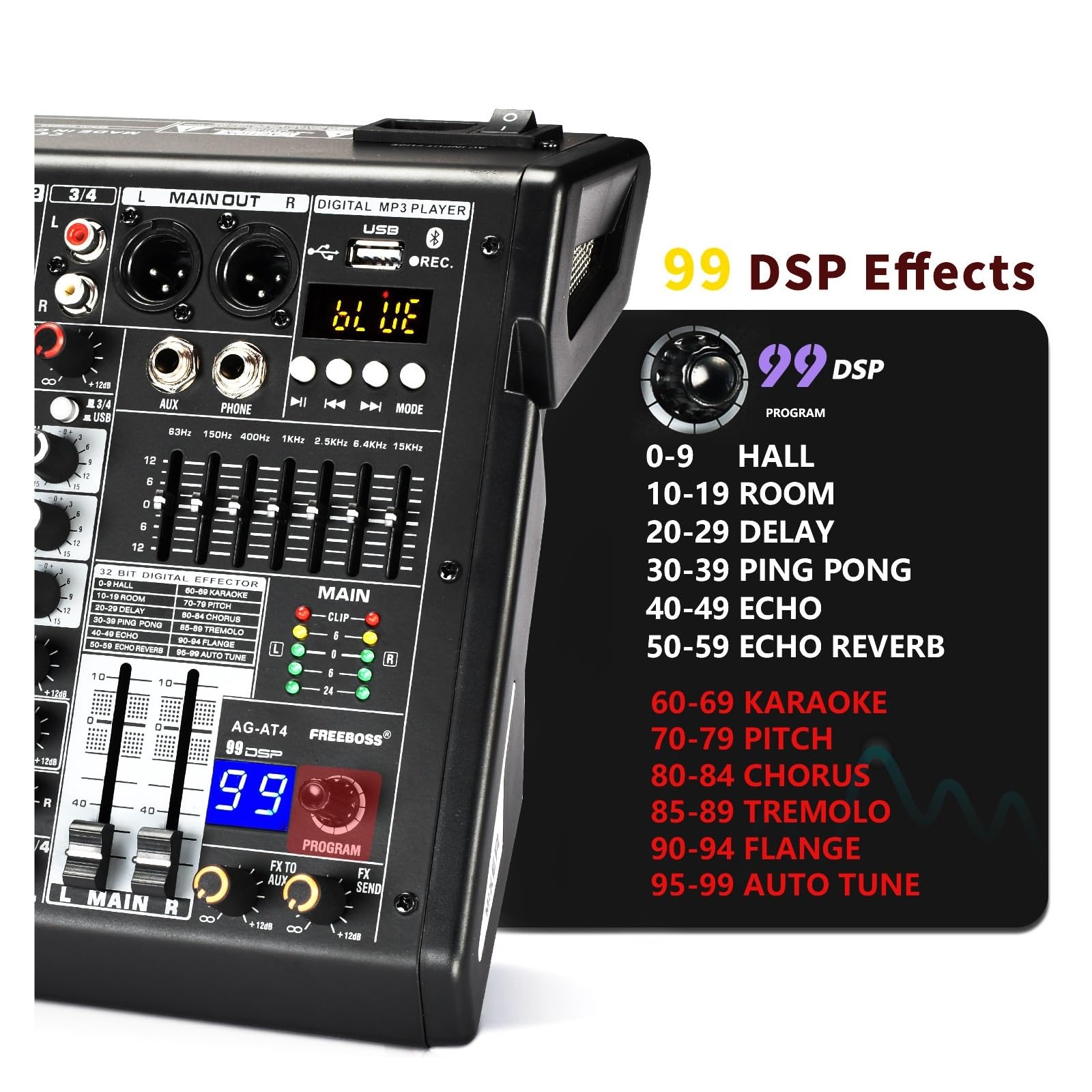 Mikser DJ-ski, 4-kanałowa konsola miksująca 99 efektów DSP Odtwarzanie USB Nagrywanie na komputerze Bluetooth Mikser dźwięku Impreza domowa 48V Mix Table AG-AT4