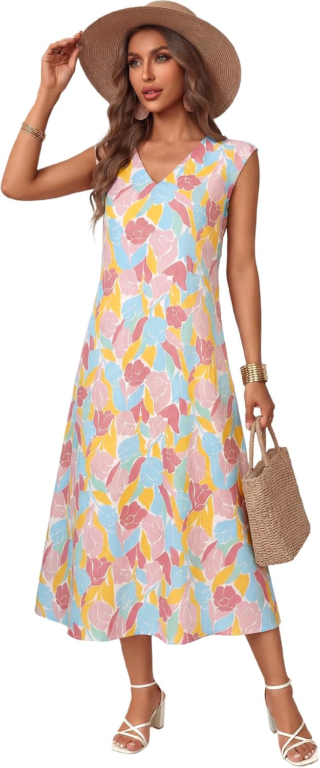 Rooscier Women's Flowers V Neck Cap Sleeve Loose Fit Casual Long Dress with Pockets