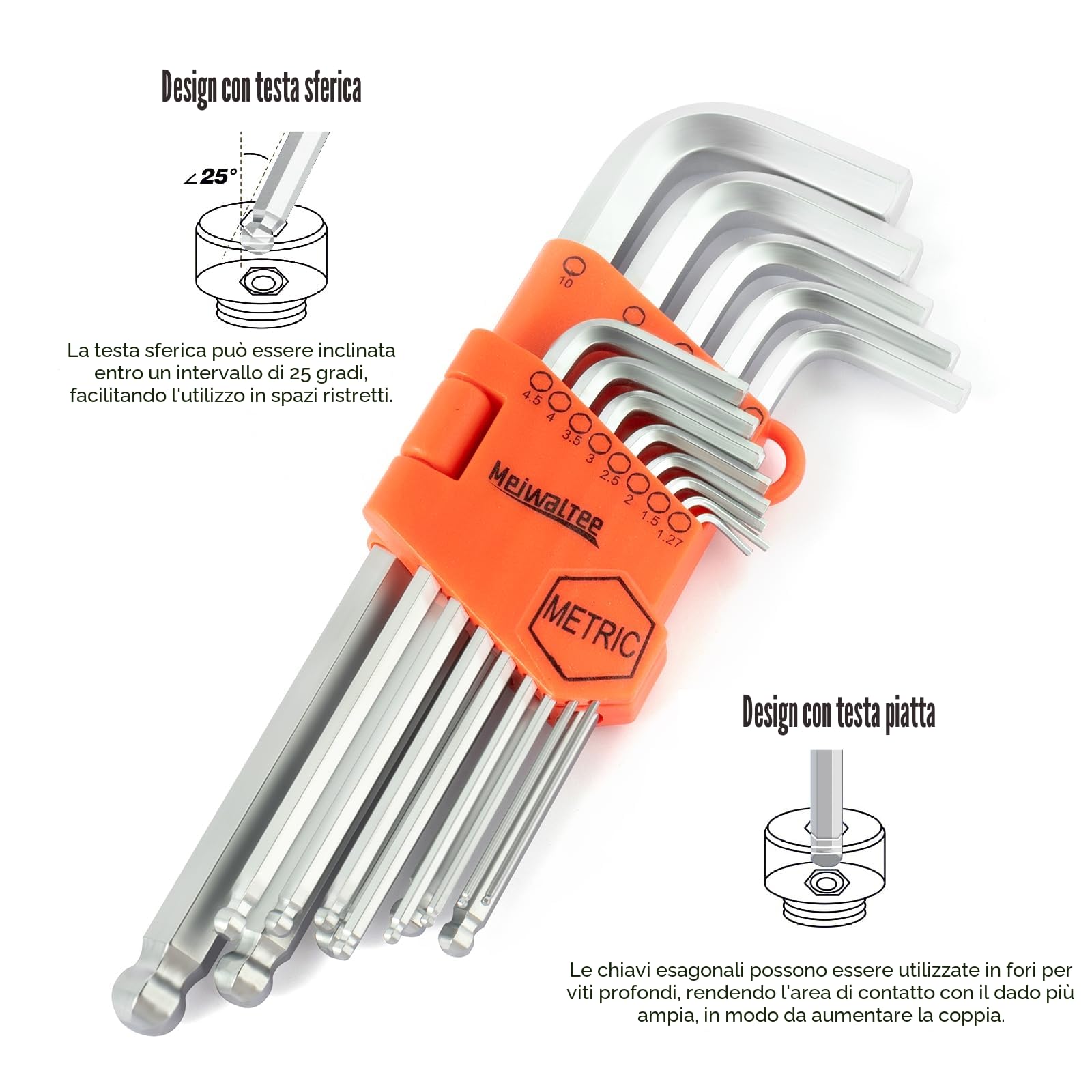 Set di 22 Chiavi a Brugola Esagonali con Testa a Sfera 1,27-10mm e Torx T10-T50, Acciaio Cr-V