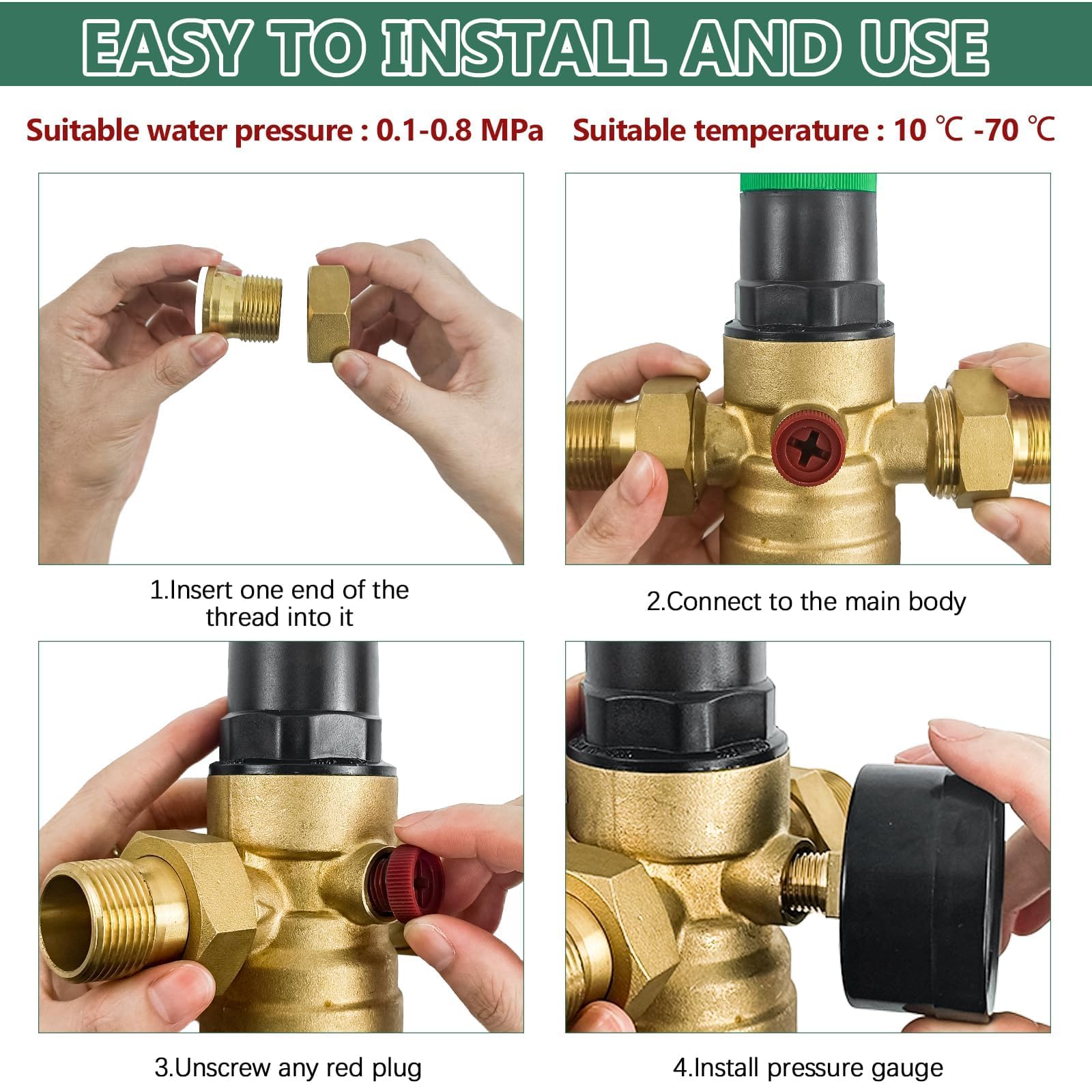 Reducteur de Pression Eau, Reducteur de Pression Avec Manometre Pression Eau Et Filtre à Mailles, RéDucteur de Pression D'Eau En pour Robinets D'Irrigation de Jardin de Chauffage au Gaz (3/4 Pouce)