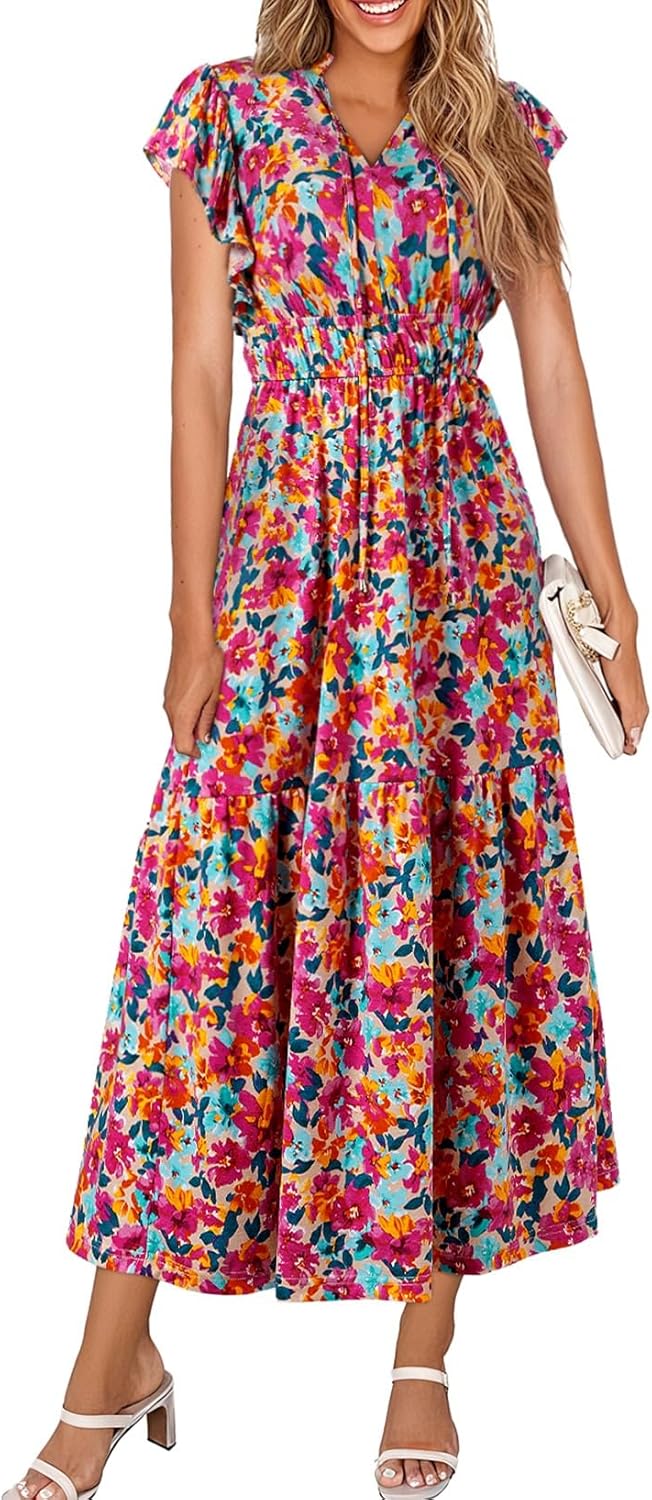 BLENCOT Womens Cotton Floral Maxi Dresses Casual Flowy Boho Dresses Summer Ruffle Short Sleeve V Neck Dress with Pockets - Image 4