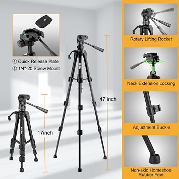 PREXISO Laser Level with 47 Inch Tripod, IP54 Rechargeable 65Ft Green Cross Line Laser Self Leveling, Light Indicator, 3 Brightness Mode, Lazer Leveler Tool for Picture Hanging, Tile, Home Renovation