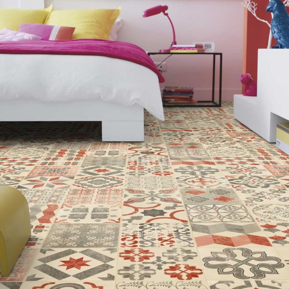 Livingfloor® PVC Floor Covering Shabby Retro Tile-Look Mediterranean Red 2 m Width Choice of Lengths