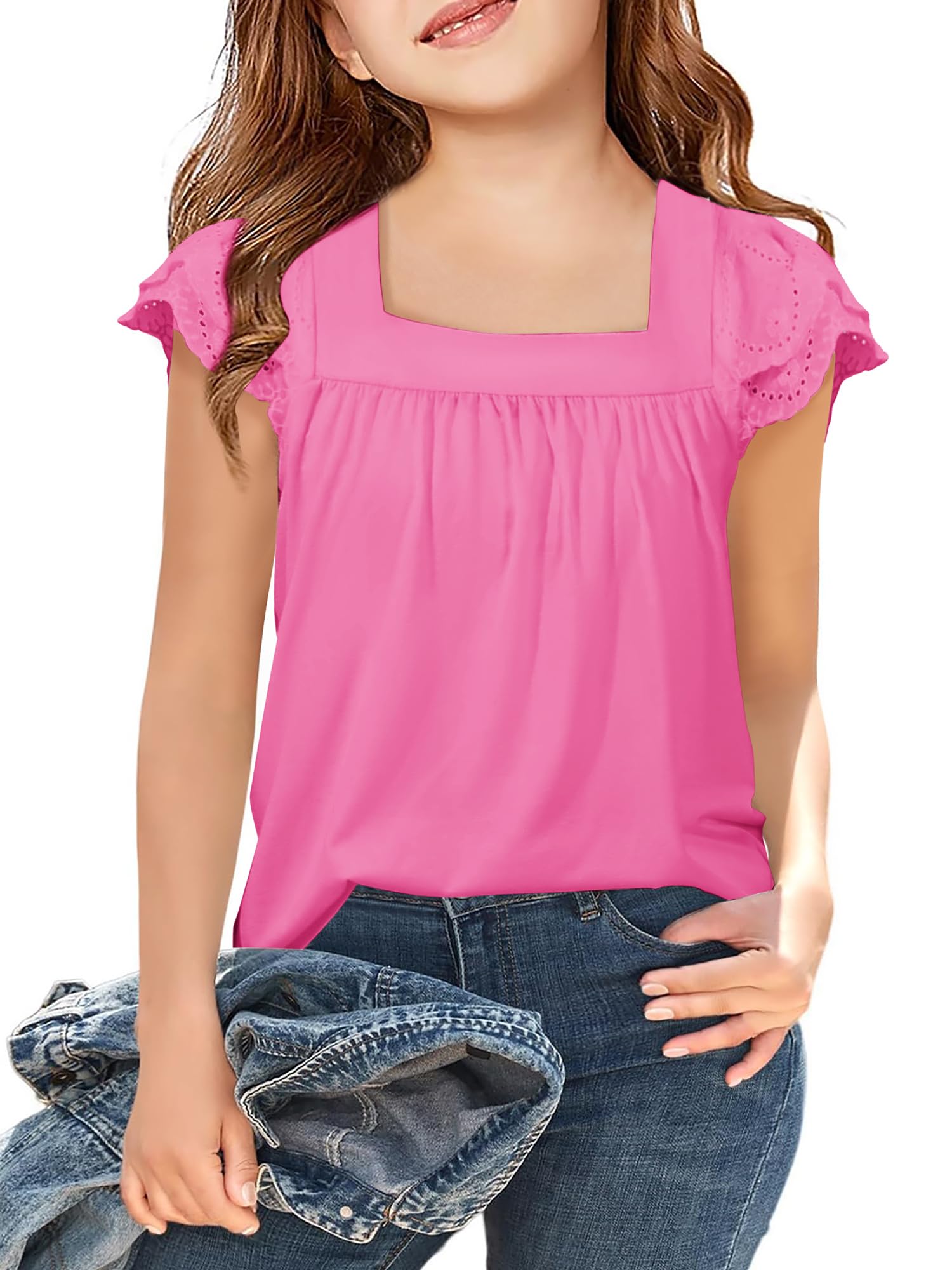 Arshiner Girls Shirts Short Sleeve Square Neck Summer Lace Openwork Tops