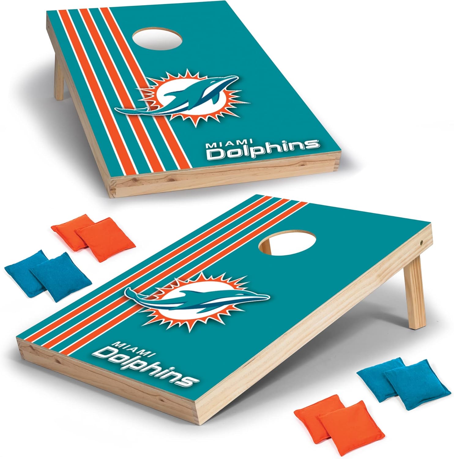 Wild Sports 2' x 3' Solid Wood Cornhole Set with Direct Print HD Team Graphics – Great Gift for Any Football Fan! Bean Bag Toss Family Outdoor Games – NFL Miami Dolphins