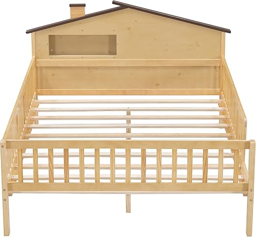 Miniatura 104 de Moderna plataforma de tamaño matrimonial con cabecera de almacenamiento y barandilla de seguridad para niños, plataforma de madera funcional con luz