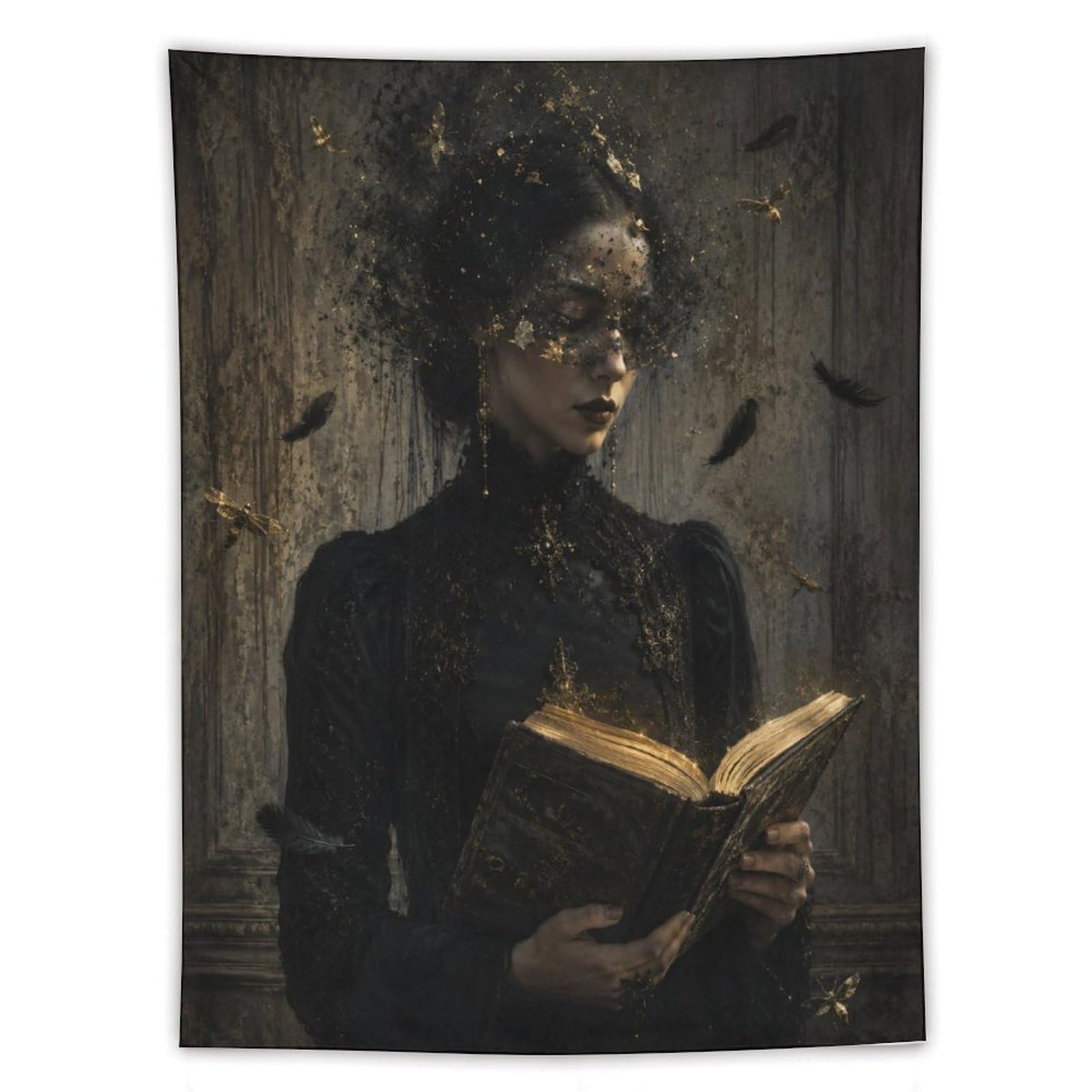 H3B8U2Y5 Dark Woman Reading Wall Tapestry, Oil Painting Style, College Dorm