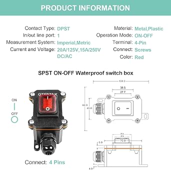 Inline Cord Switch DPST On-Off with Red Light Buttons | AC/DC 20A-125V, 16A-250V, 30A-24V, 35A-12V, IP68 Waterproof, Single Hole Outdoor Electrical Start Stop Toggle Switch