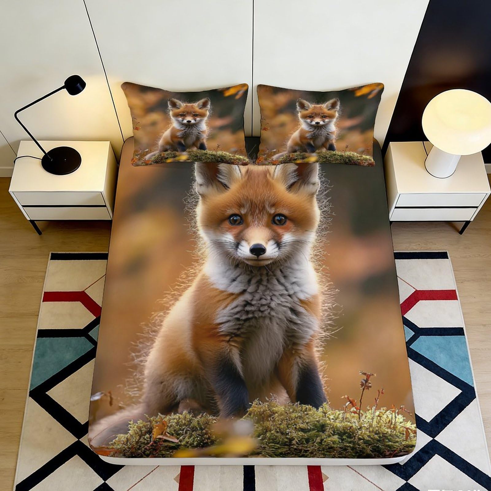 3D Printed Fox Forest Fitted Sheet Microfiber Anti-Slip Autumn Animal Mattress Cover for Bedroom Dorm Easy Care 120x200x25cm