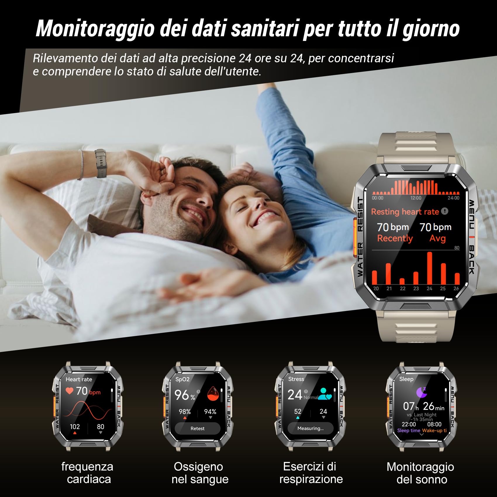 IOWODO Smartwatch Uomo,2.01“ Militari Smart Watch con Chiamate,Orologio Fitness Tracker con Torcia,100+ Modalità Sport Smart Watch con Contapassi/24H Cardiofrequenzimetro/Sonno per Android iOS