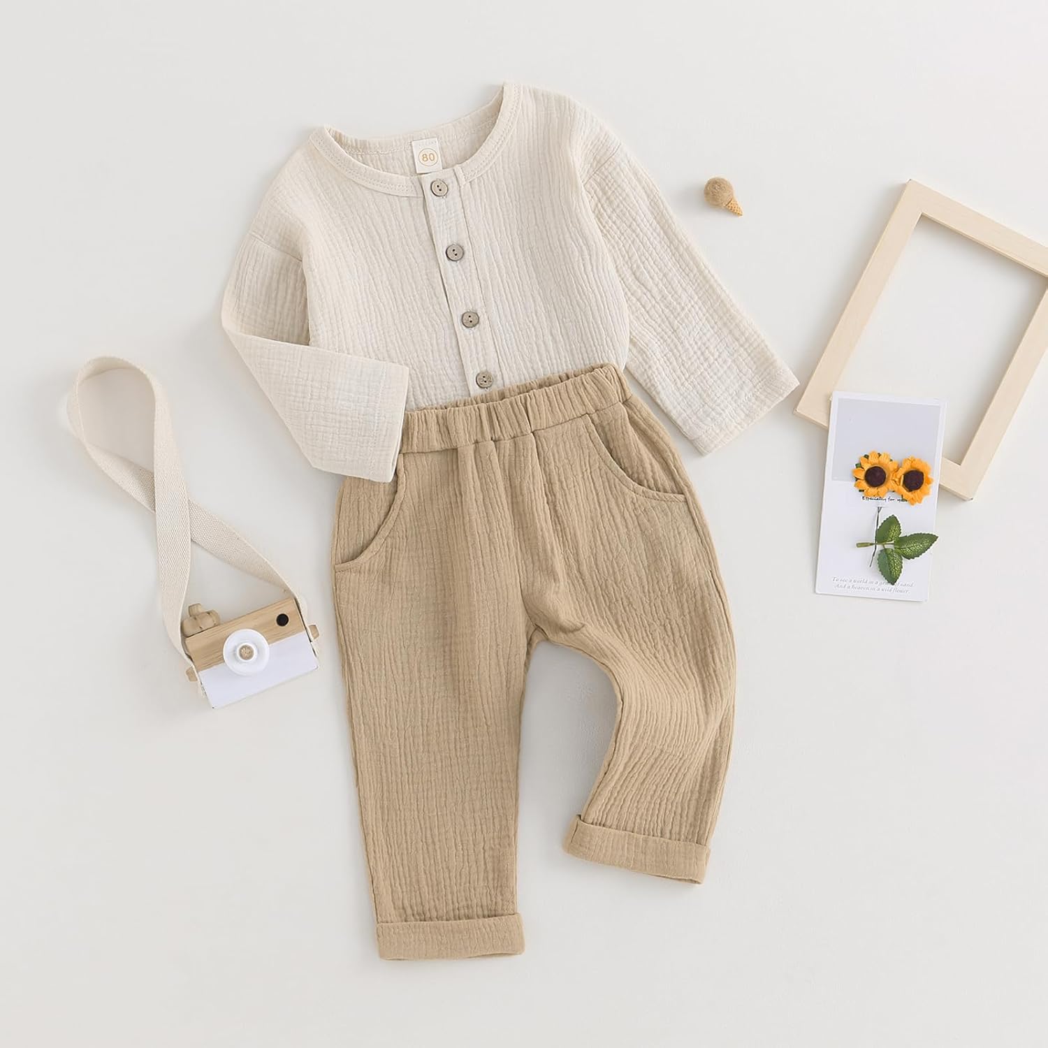 VISGOGO Toddler Boy Linen Outfit Baby Boy Fall Winter Clothes Set Button-Down Shirt Tops Cotton Linen Pants 2PCS - Image 3