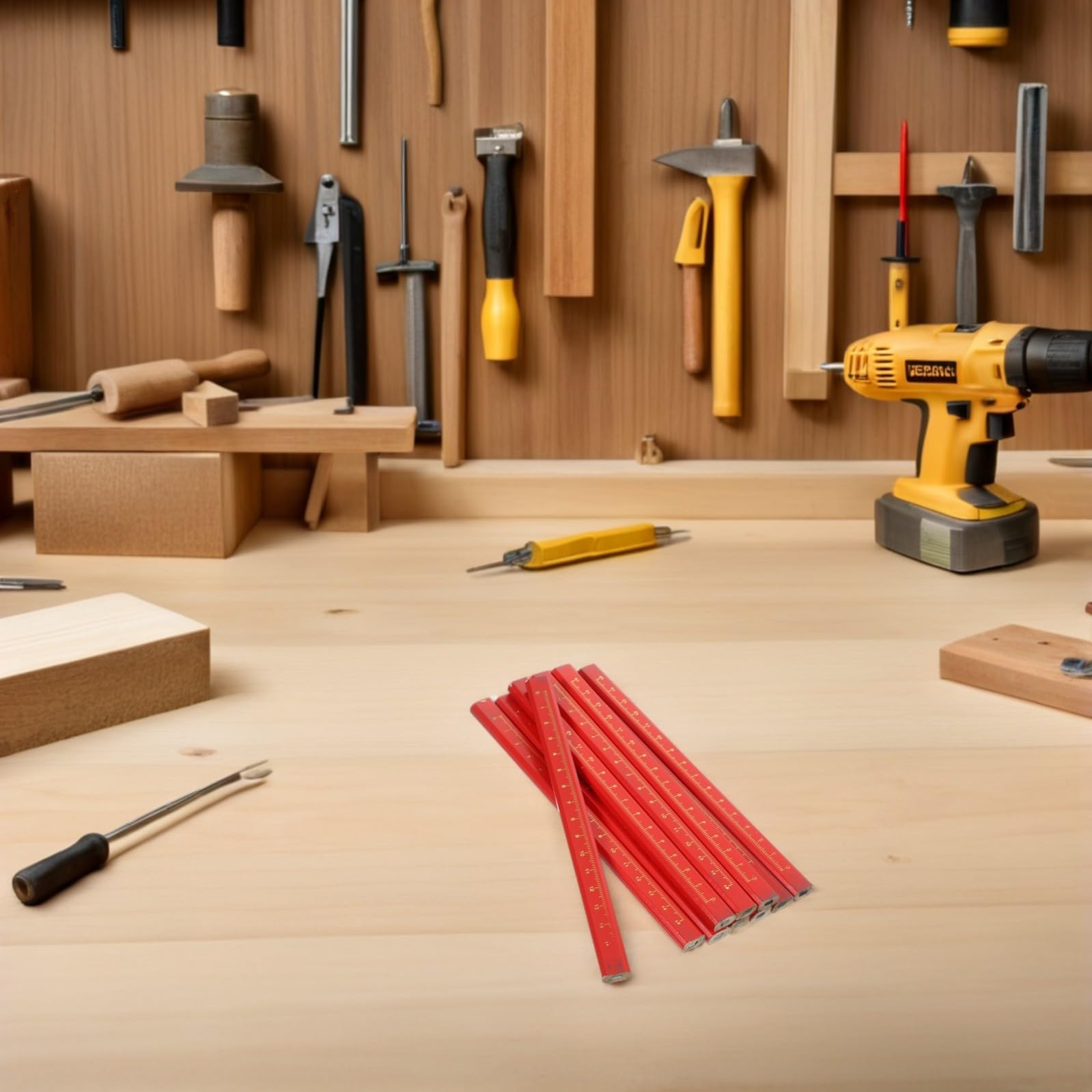 Hemobllo 100 Stück Zimmermannsbleistift Mechanisch Achteckig Rot mit Integrierter Skala Wegrollsicher für Bauprojekte und Möbelbau für Hartholz und Weichholz