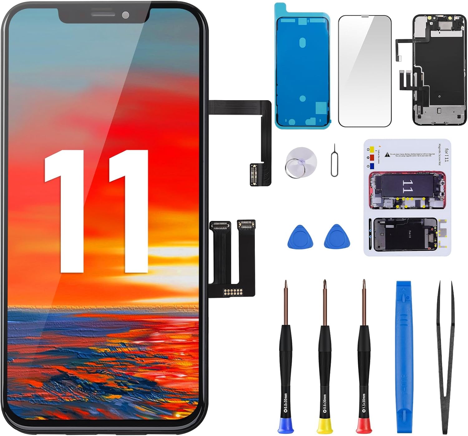 for iPhone 11 Screen Replacement 6.1 inch Assembled with Ear Speaker Assembly Earpiece 3D Touch LCD Display Digitizer Repair Fix Tools Kit with Magnetic Screw Mat and Glass A2111 A2223 A2221