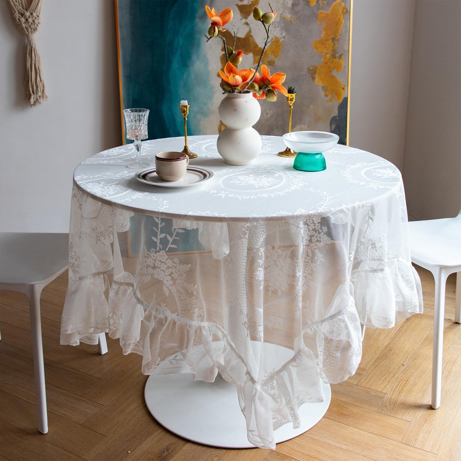 FOELANNE Embroidered Lace Tablecloth, Square Lace Small Tablecloth Embroidered Ruffled Edge Washable 4 Sizes(140x140cm)
