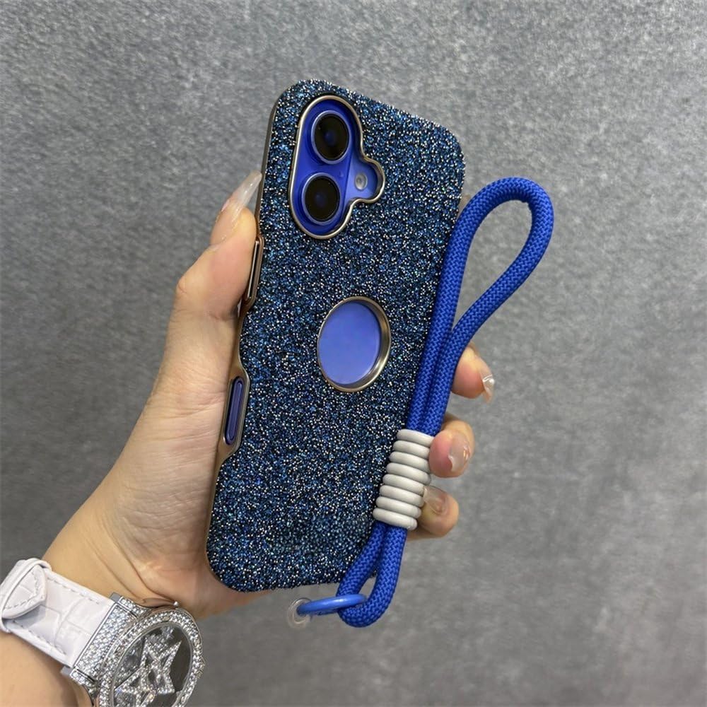 Etui z błyszczącymi diamentami i kryształkami do iPhone'a 12 13 14 15 16 Pro Max Plus, błyszczące, wstrząsoodporne, z paskiem na nadgarstek i osłoną na przewód, granatowe, do iPhone'a 14 Pro Max