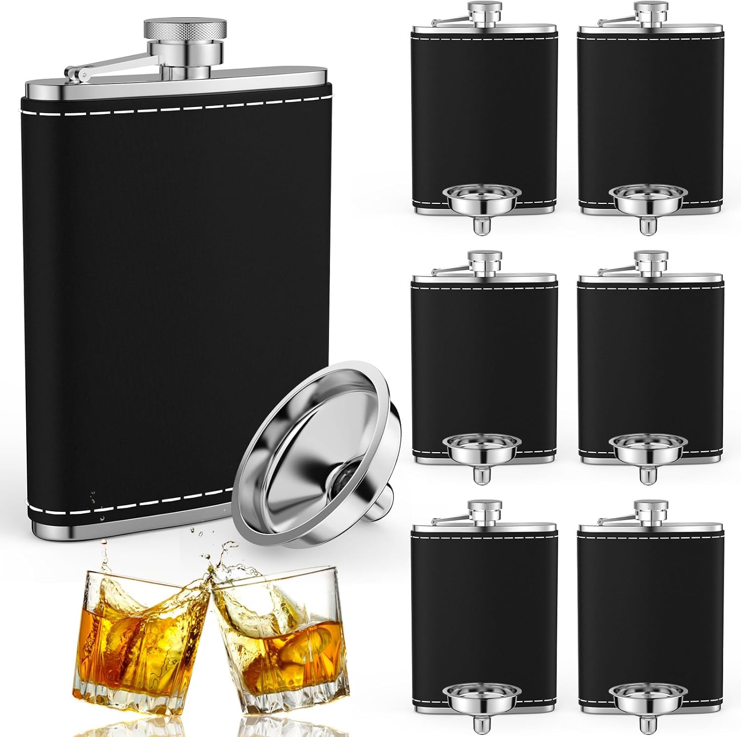 Rtteri 30 Set 8 oz Leather Hip Flasks for Liquor for Men Leak Proof Stainless Steel Drinking Flasks with Funnel Soft Wrap Whiskey Vessels for Wedding Bridesmaid Christmas Gifts (Brown)