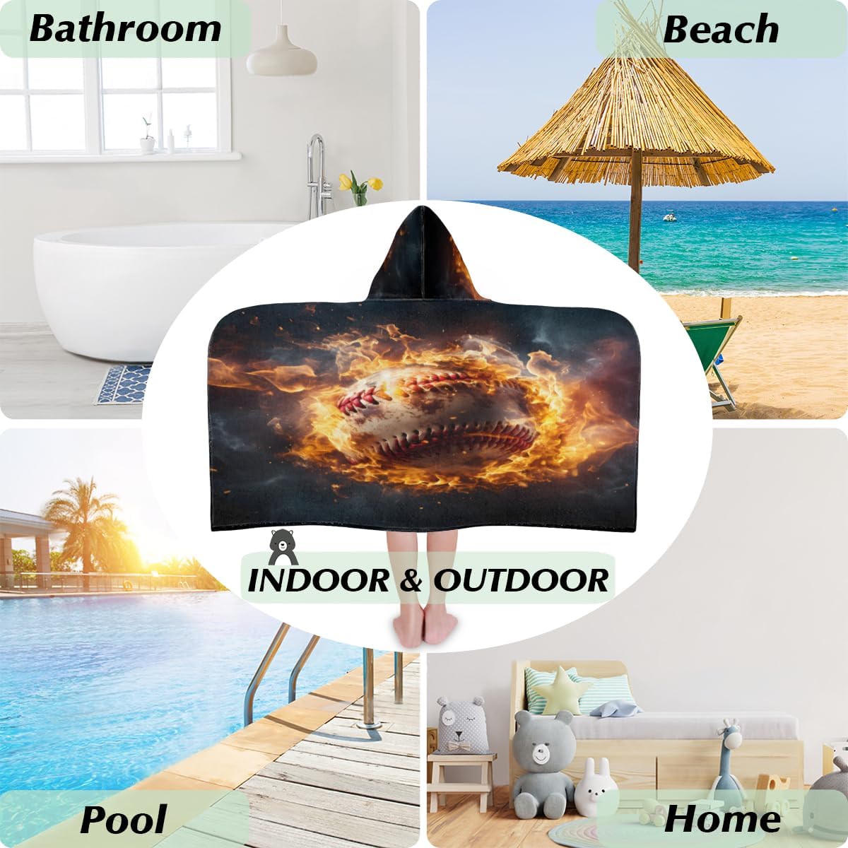 Pardick Kids Bath Towel Baseball Sports Fire Beach Towel with Hood Pool Cover Up for Girls Boys Soft Absorbent Hooded Bath Towel Toddler Towels for Beach, Pool