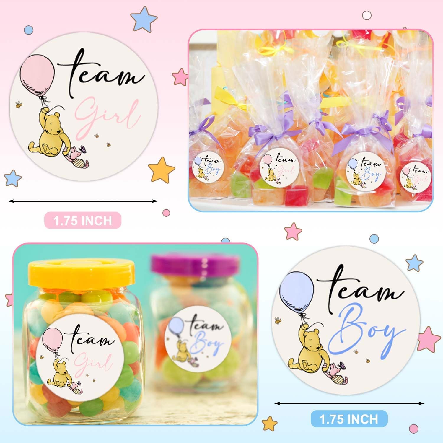 72PCS Winnie Gender Reveal Stickers, Winnie Baby Shower Decoration, Gender Reveal Decor, The Pooh Sticker, Team Boy Or Girl Stickers, Games for Voting Game