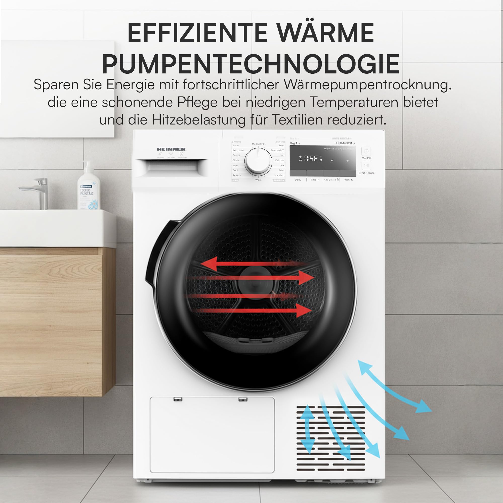 HHPD-M8G3A++ - 8 kg Wärmepumpen-Trockner, 14 Programme, Energieklasse D, LED-Display, Kindersicherung, Trommelbeleuchtung, Weiß, 5 Jahre Garantie (8 KG)