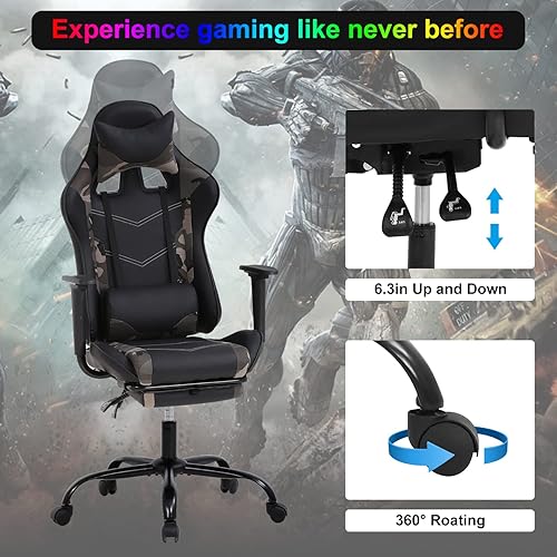 Miniatura 5 de Silla de juegos para computadora, silla ergonómica para juegos con reposapiés, silla reclinable de respaldo alto para videojuegos con soporte