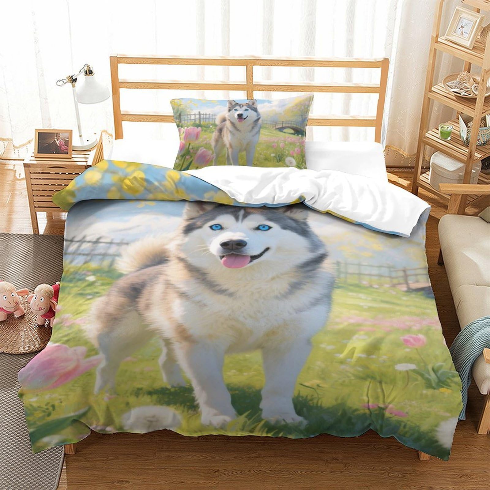 Housse de couette Husky sibérien 3D en microfibre 135x200 cm avec taies