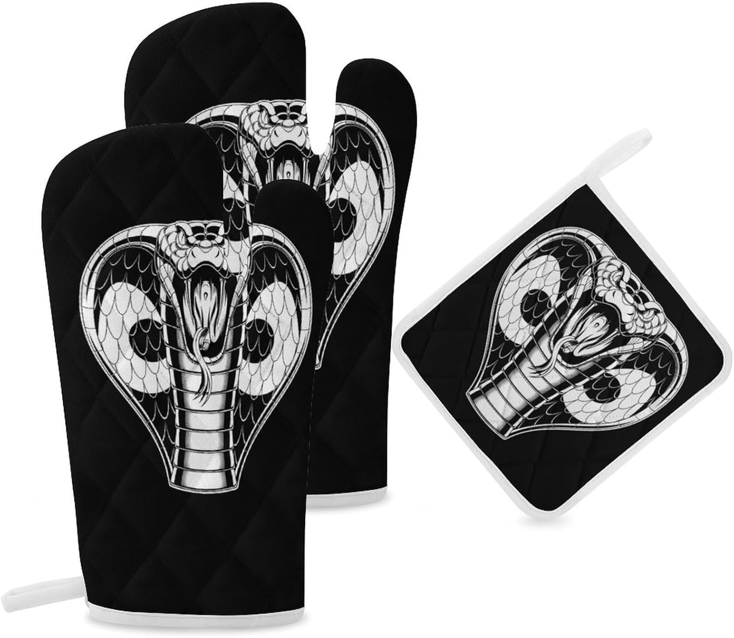 Attacking-Cobra Print Oven Mitts and Pot Holders 3 Piece Sets Heat Resistant Gloves Hot Pads Potholders for Kitchen Baking Cooking