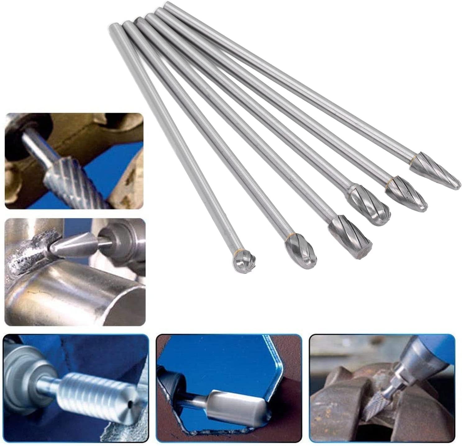 6Pcs Carbide Burrs Set, Lengthen Tungsten Steel Carbide Rotary Files Burrs, Solid Rotate Cylinder Head Porting Kit for Woodworking Drilling Carving