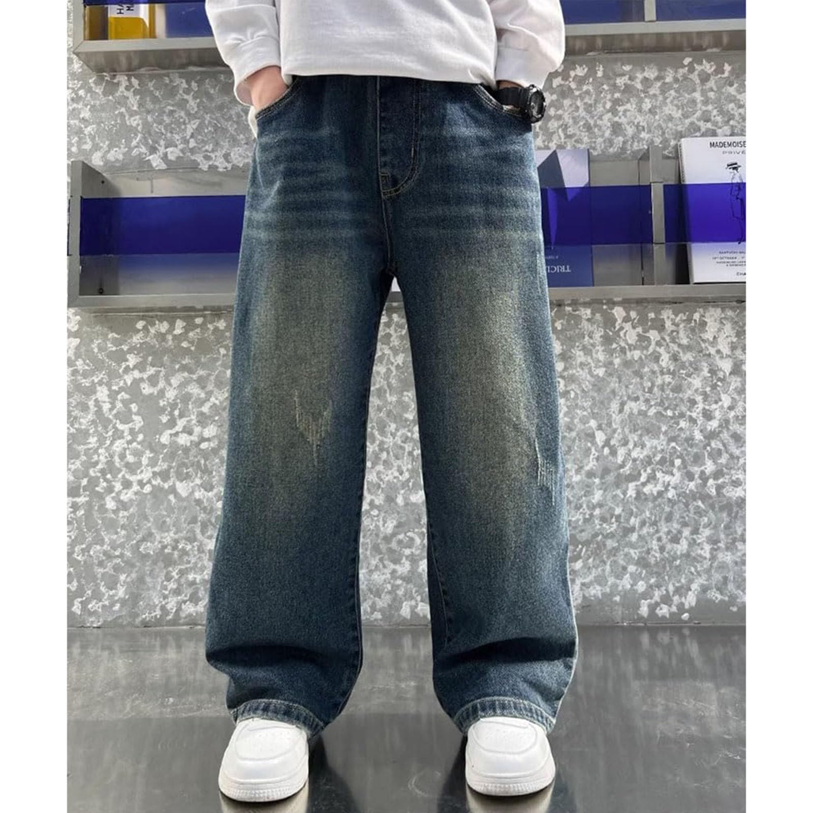 Pantalon en Jean Baggy Children Élastique Pantalons Garçon Denim Droit Coupe Ample Taille Style Urbain Hip Hop Streetwear Kids Pull-on Skinny Garcon 14 Ans Bleu Noir