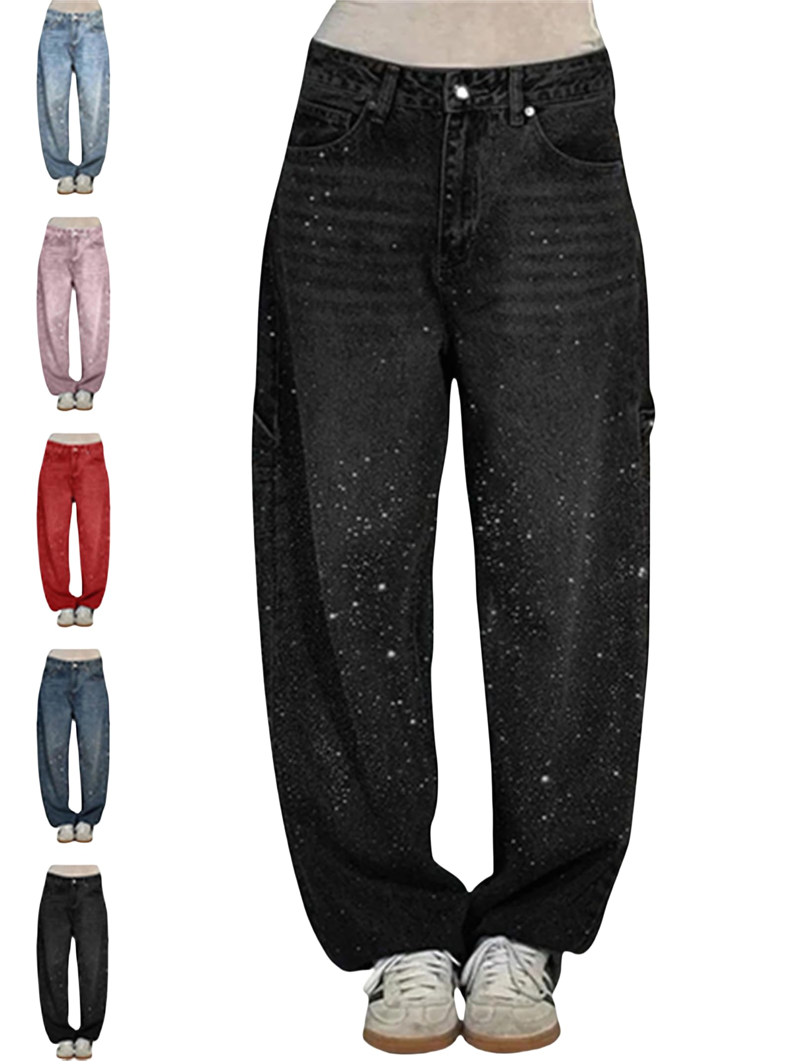Jeans casual da donna con strass, a vita alta, con strass, gamba dritta e ampia, pantaloni in denim