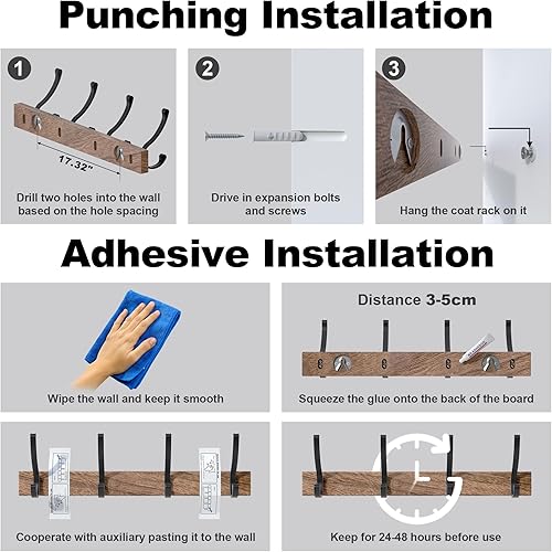 Miniatura 6 de Perchero de madera de nogal negro de 17 pulgadas con 4 ganchos dobles negros, ganchos de entrada montados con adhesivo, modernas clavijas de madera