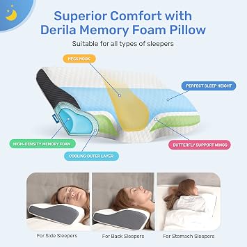 Derila Cervical Neck Pillow for Sleeping 2 Pack - Support Pillow for Back, Stomach, Side Sleeper Contour Memory Foam Pillows (2 Pillows, Standard (19.7 x 11.8 x 3.9))