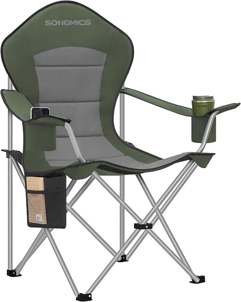 SONGMICS Sedia da Campeggio, Sedia Pieghevole e Portatile con Seduta Ampia, Schienale Alto, con Portabicchiere, Supporto per Cellulare, Organizzatore in Tessuto, Verde e Grigio GCB005CD01 - 1