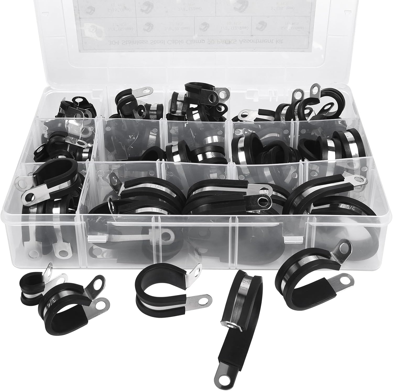 90 Pcs Cable Clamps Assortment Kit 6-32mm Stainless Steel Cable Clamps Rubber Cushioned Pipe Clamp Automotive Insulated Wire Loom Clamps in 9 Sizes 1/4" 3/4" 3/8" 5/8" 7/8" 1/2" 1" 5/16" 1-1/4"