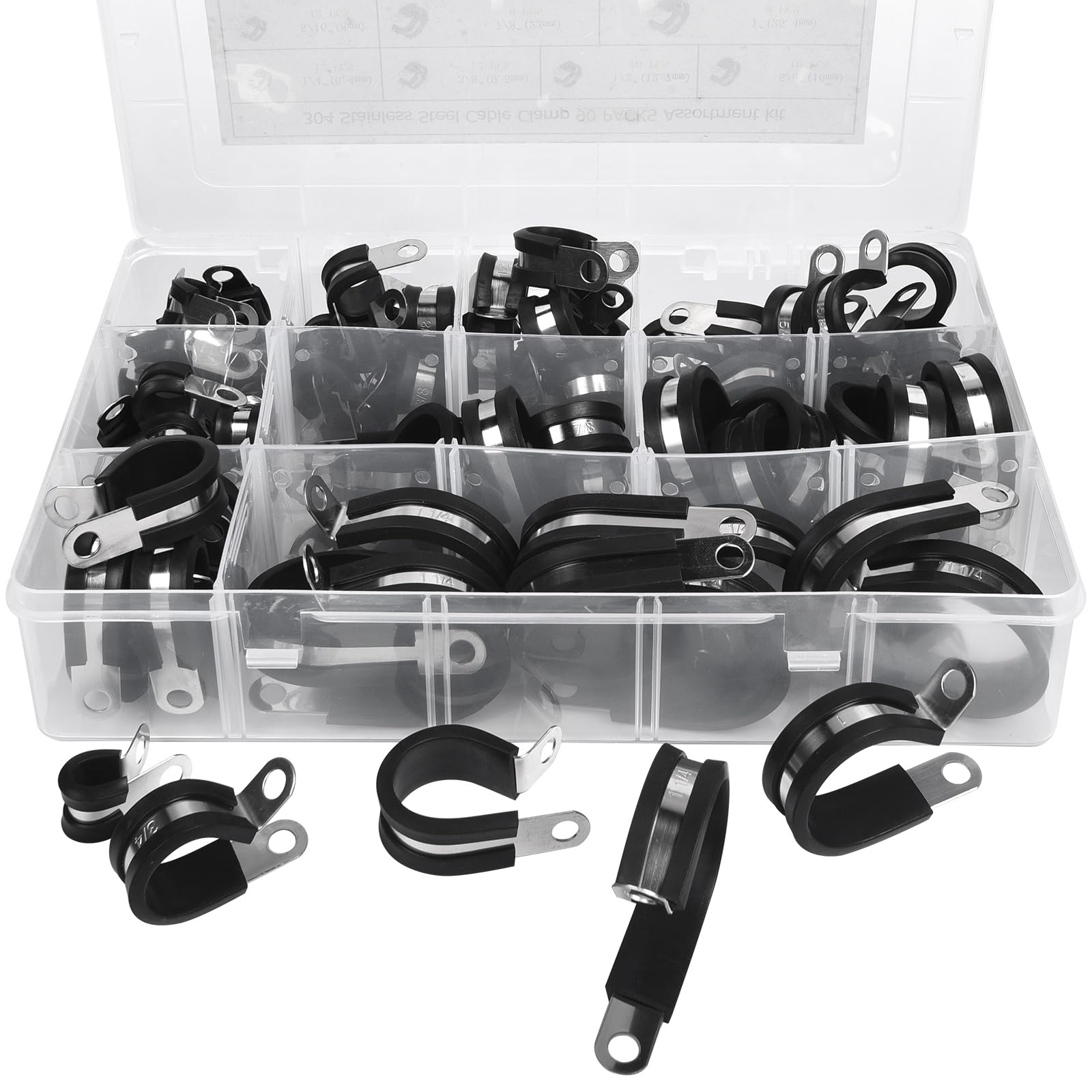 Colliers de serrage en acier inoxydable 304 isolés caoutchouc assortiment 90 pièces