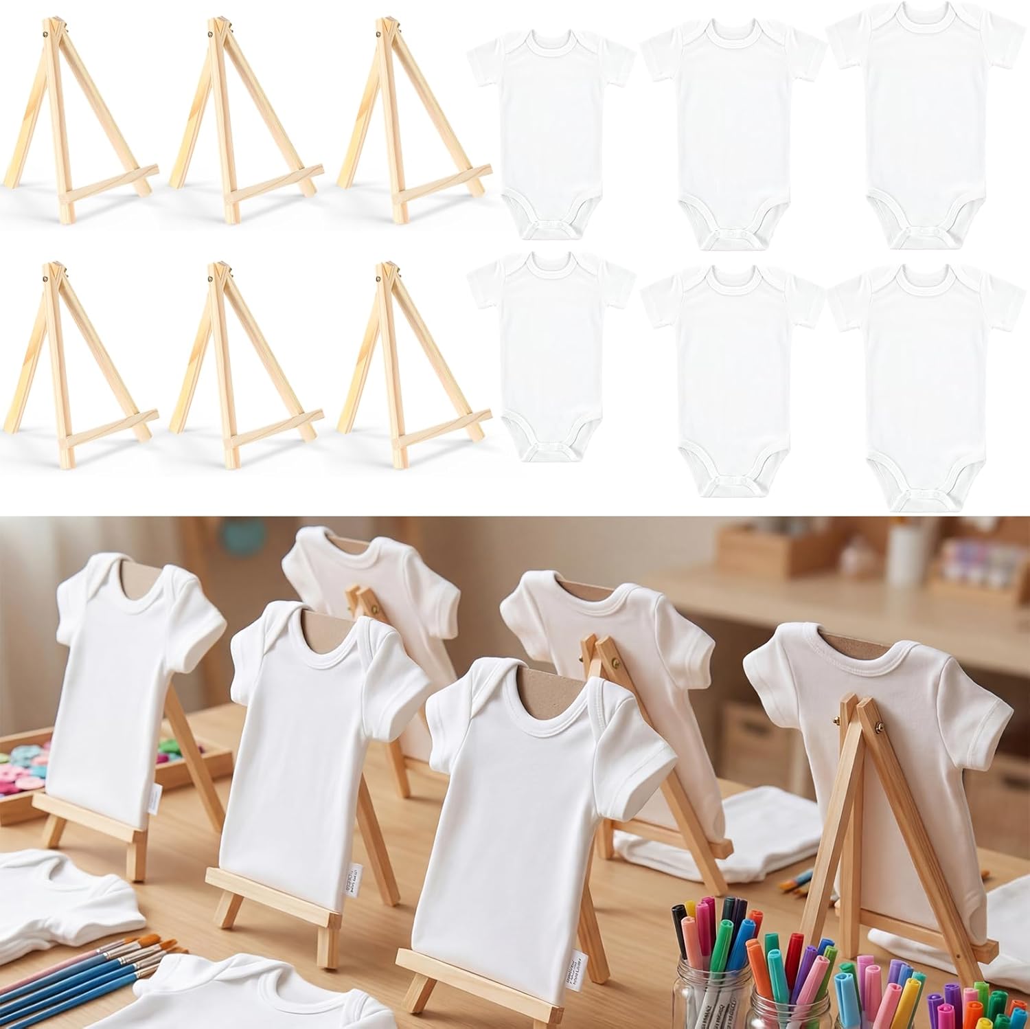 Kathfly 6 Pack Baby Shower Games DIY Bodysuit Games Set 6 White Newborn Bodysuit Multi Size 6 Easel 6 Cardboard for Baby Shower Party Decorating Kit Girls Boys