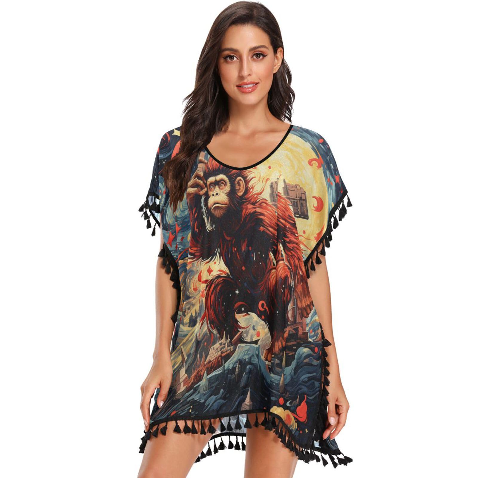 KAAVIYO Artwork Moon Monkey Women's Beach Cover Up Chiffon Tassel Swimwear Swimsuit Coverups for Girl