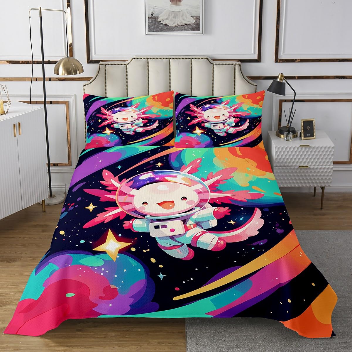jejeloiu Cute Axolotl Bedspread Pink Axolotl Bedspread for Kids Boys Girls Beach Coastal Animal Coverlet Set Outer Space Galaxy Quilted Bedroom Collection 2Pcs Twin Size