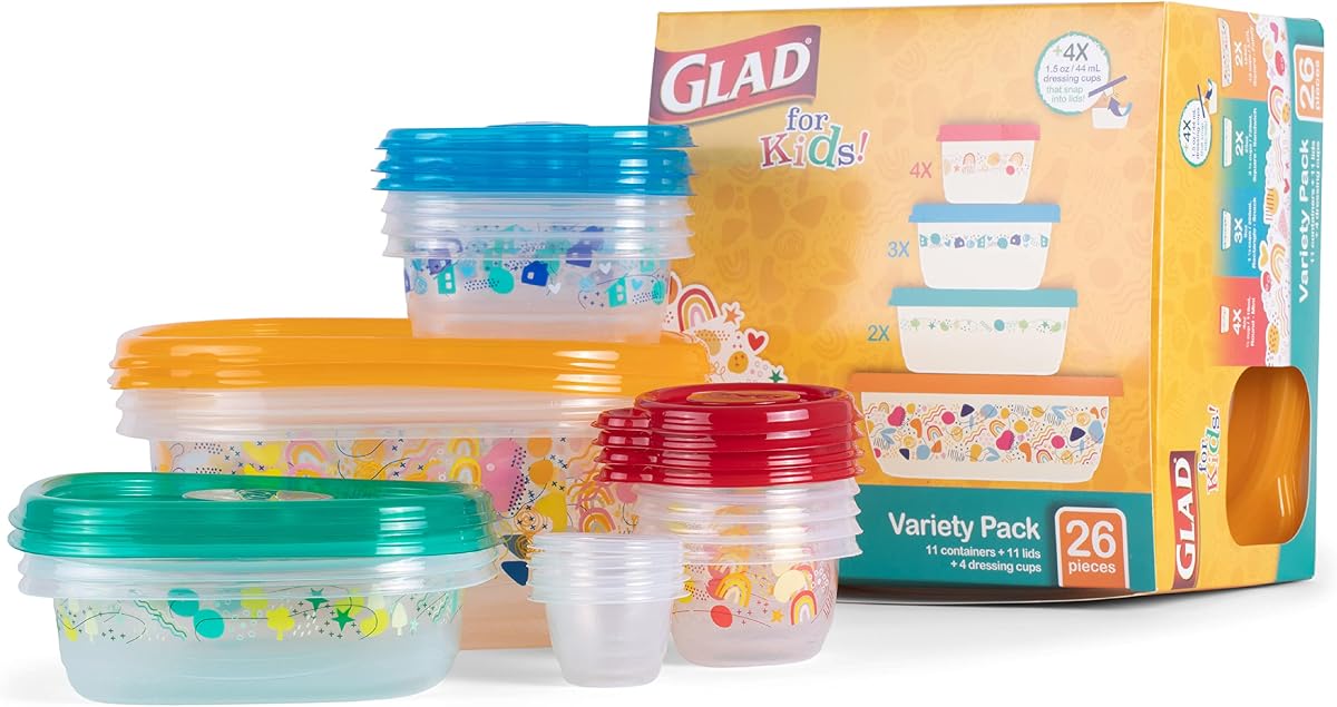 para niños GladWare Recipientes de comida para el regreso a la escuela, juego de 26 piezas | Plástico sin BPA, patrones de arcoíris, apto para microondas, congelador y lavavajillas, para almuerzos y meriendas de niños.
