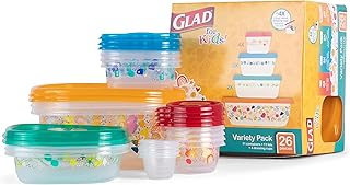 Glad for Kids GladWare Variety Pack 26ct Back to School Pattern Food Storage Containers with Lids | Mixed Sizes Kids Food Containers with Rainbows & Colorful Cute Designs, Tight-Sealing 26 Piece Set