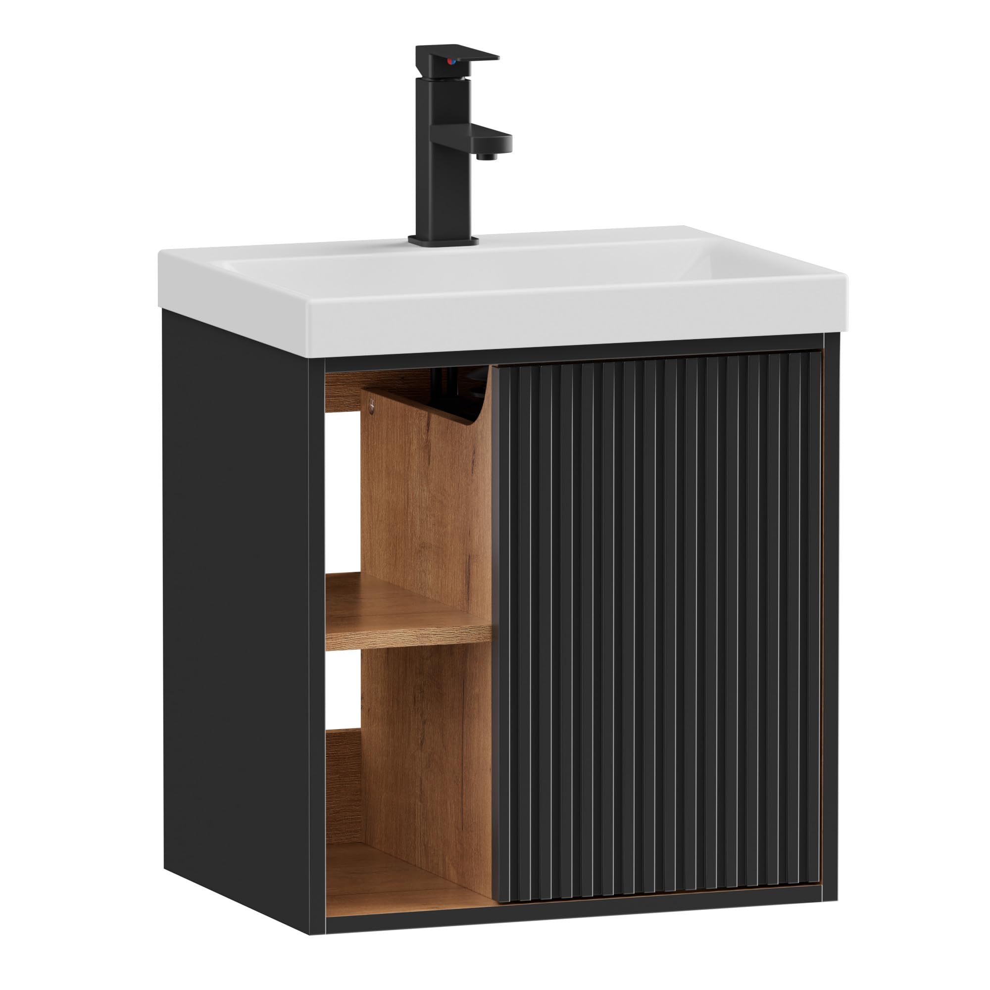 UEV Meuble Lave-Mains Suspendu avec Lavabo en Résine - Meuble de Salle de Bain Mural Gain de Place - Design Moderne à Lignes Verticales et Poignées Métalliques - Rangement Caché, 50x38x55cm, Noir