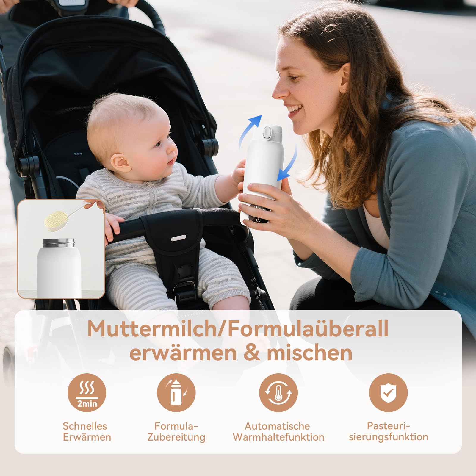 Tragbarer Babyflaschenwärmer für unterwegs – 500ml 316L Edelstahl, 3 Min Schnellheizung & Pasteurisation, 24h Dual-Temperatur (±1℃) für Muttermilch/Pre-Nahrung/Wasser