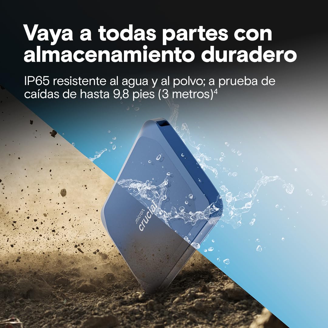 Crucial X10 2TB SSD Externo Portátil, hasta 2100MB/s, USB-C 3.2 Gen2, Clasificación IP65 de resistencia al agua y al polvo, Disco Duro Sólido Externo, Azul Mate - CT2000X10SSD9-02