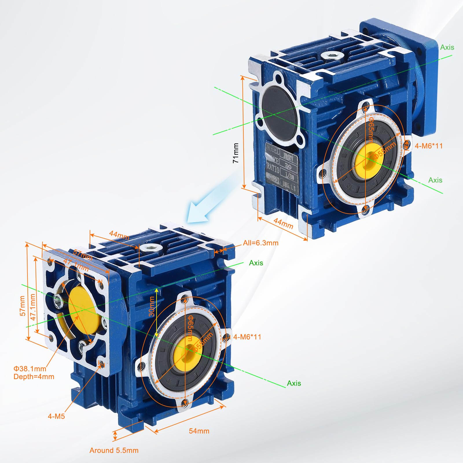 QUARKZMAN NMRV030 Schneckengetriebe Übersetzungsverhältnis 50:1 14mm Ausgangswelle Hochdrehmoment Schneckengetriebe Drehzahlreduzierer Für Nema24 Schrittmotor/Nema23 Servomotor Blau